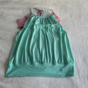 lululemon athletica Pink and Gray Striped Logo Top